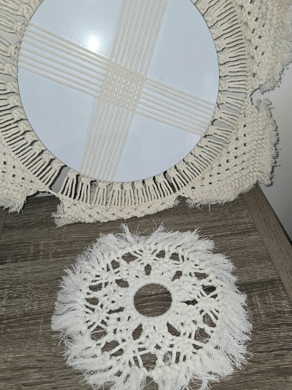 Handmade Macrame Wall Mirror Round Bohemian Beige Cotton Rope and Coaster SEE DE